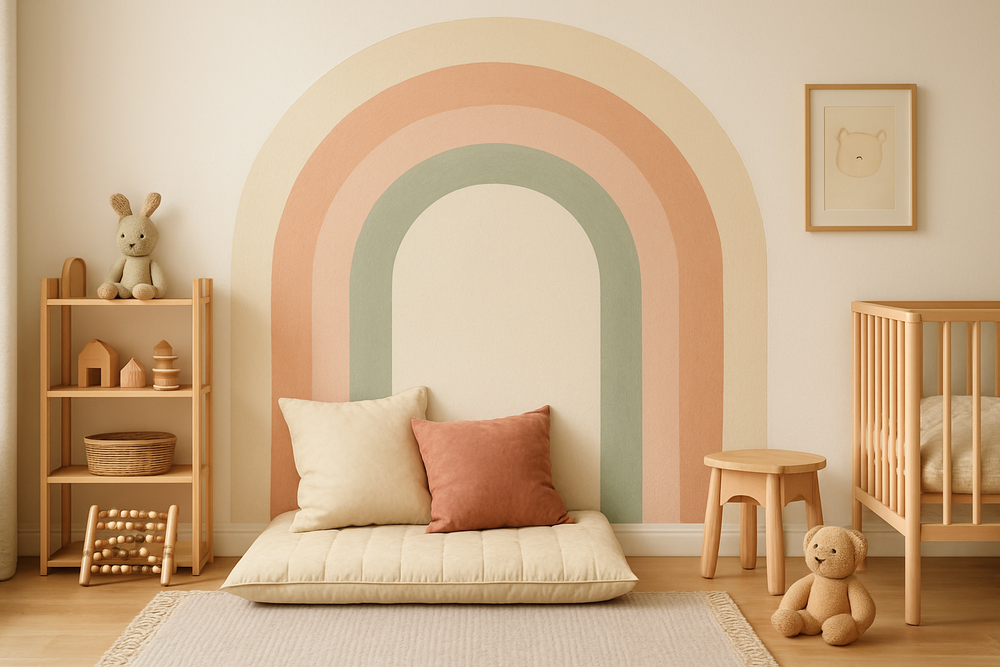 en målad arch på en vägg i ett barnrum som en fin inrednigsdetalj