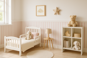 jag vill att väggpanelen alltså den nedre delen är ljusrosa och vitrandig tack