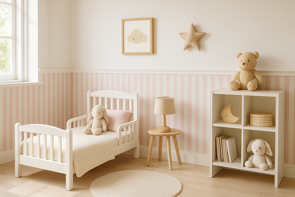 jag vill att väggpanelen alltså den nedre delen är ljusrosa och vitrandig tack