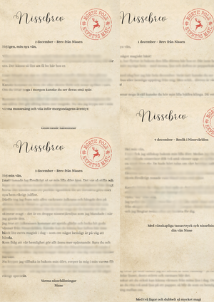 Illustration av nissedörr med pyntad gran, paket och juldekorationer – del av Stora Nissepaketet med nissebrev och väggdekor för barnrum.