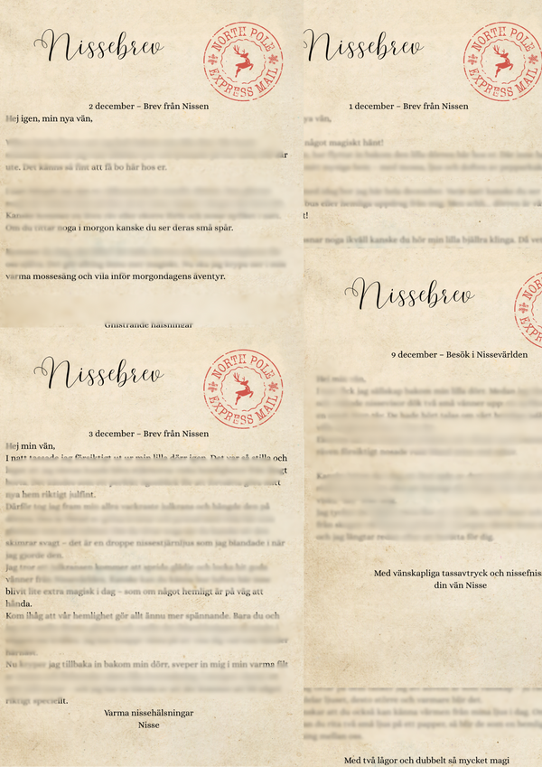 Illustration av nissedörr med pyntad gran, paket och juldekorationer – del av Stora Nissepaketet med nissebrev och väggdekor för barnrum.